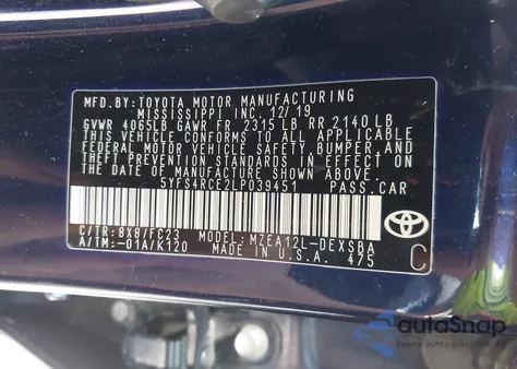 2020 Toyota Corolla Se из США, поврежденный, VIN 5YFS4RCE2LP039451